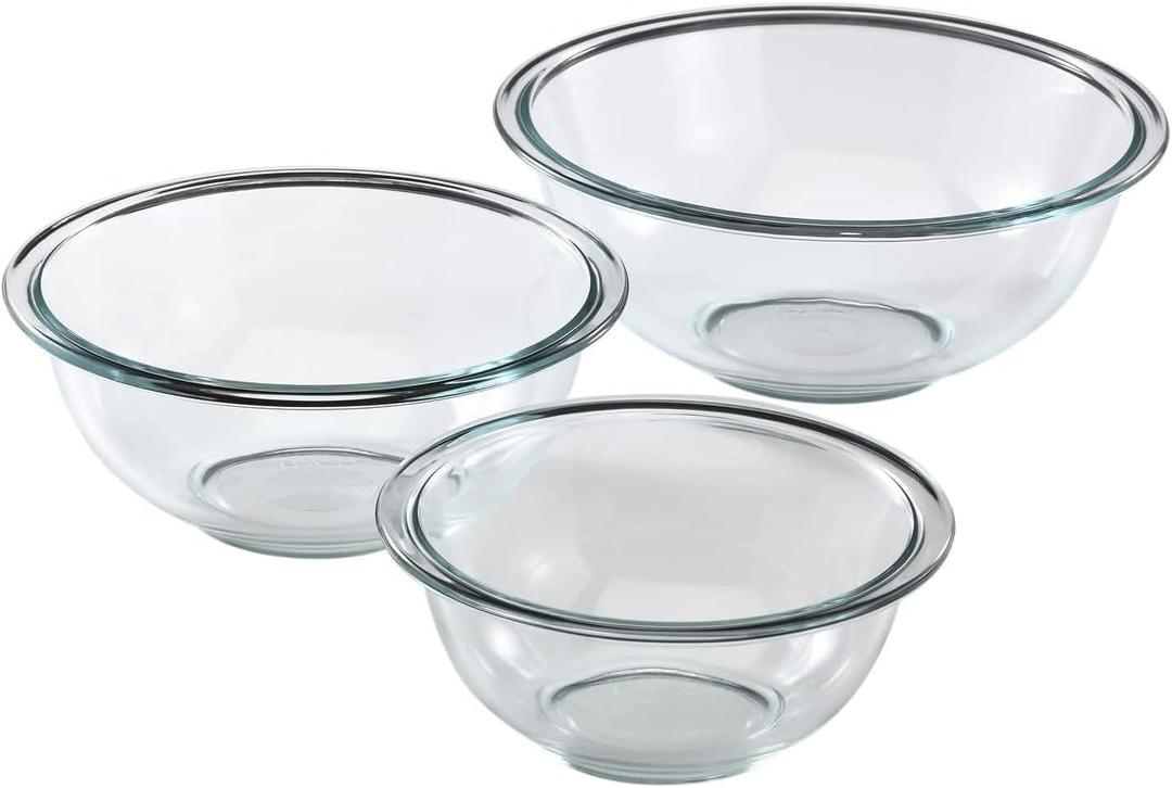 Pyrex Essentials (3-Piece) Glass Mixing Bowls Set For Prepping, Baking and Cooking, Preheated Oven, Dishwasher, Freezer, and Microwave Safe Pyrex Essentials (3-Piece) Glass Mixing Bowls Set For Prepping, Baking and Cooking, Preheated Oven, Dishwasher, Freezer, and Microwave Safe