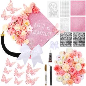 WinnerWhy 65Pcs DIY Our Lady of Guadalupe Mexican Graduation Cap Decorations 2026 Handmade Mexico Grad Hat kit Included Faux Flower Heads Letter 3D Butterfly Stickers for Craft Graduation Cap Topper