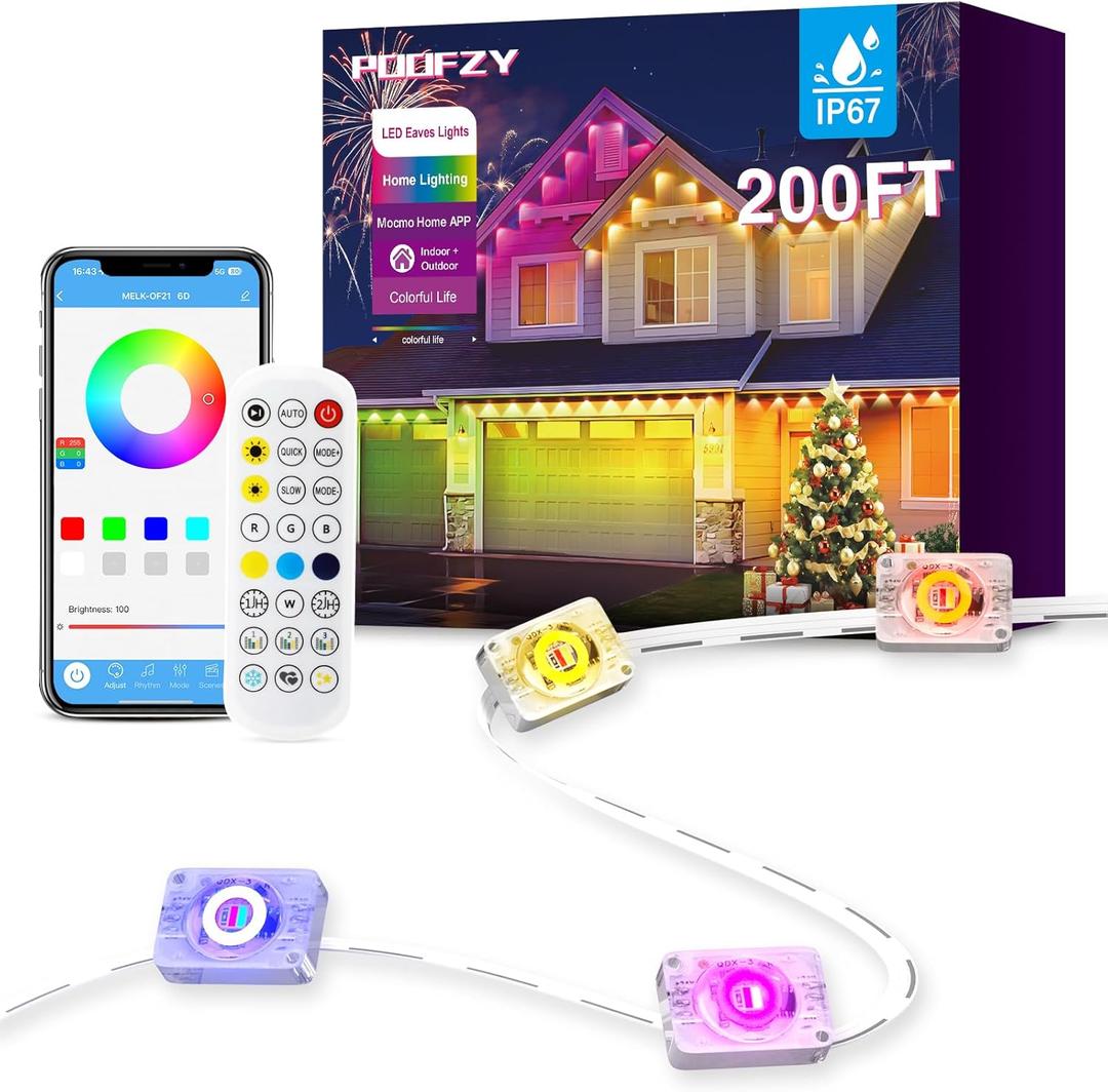 POOFZY Permanent Outdoor Lights for House, 200ft RGB+IC Smart Outdoor Decor, 50 Scene Modes, App/ Remote Control, for Christmas, Super Bowl, V-Day, Thanksgiving, Daily & Holiday Party Decor