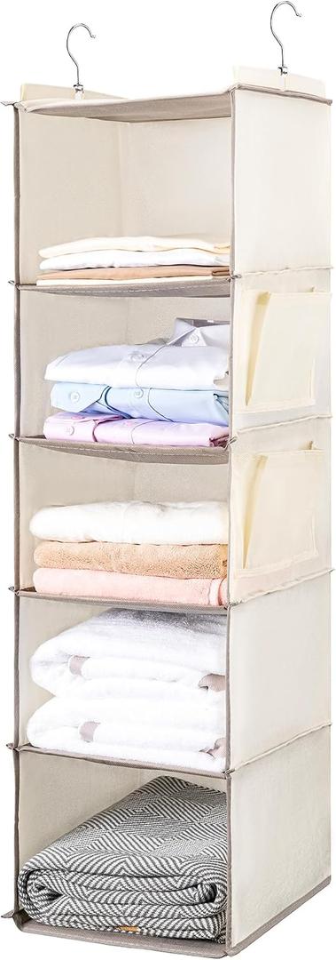 BOOMIBOO Hanging Closet Organize and Shelves5-Hanging Shelf with 2 Side PocketsStorage Foldable Beige