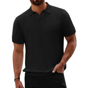 Beotyshow Mens Knit Polo Shirts Short Sleeve Hollow Out Crochet Sweater Tops Regular Fit Casual Fashion Basic Tee (Large, Black)