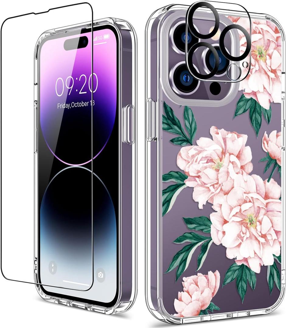GiiKa for iPhone 14 Pro Case with Screen Protector, 6.1" Clear Full Body Shockproof Protective Floral Girls Women Hard Case with TPU Bumper Cover Phone Case for iPhone 14 Pro, Pink Flowers