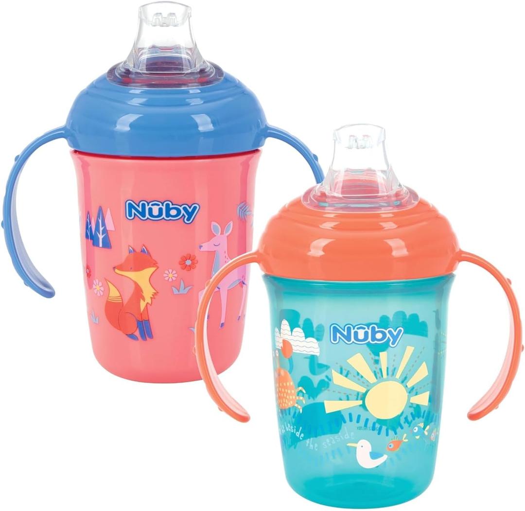 Nuby No-Spill Two Handle Babys First Soft Spout Cup with Hygienic Cover | 2 pack: Aqua Travel & Blue Cars or Aqua Ocean & Pink Animals | 8oz/ 240 ml | 4+ Months | 2 pack Nuby No-Spill Two Handle Babys First Soft Spout Cup with Hygienic Cover | 2 pack: Aqua Travel & Blue Cars or Aqua Ocean & Pink Animals | 8oz/ 240 ml | 4+ Months | 2 pack