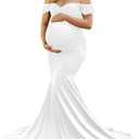Saslax Off Shoulder Ruffle Sleeves Elegant Fitted Maxi Maternity Dress for Photoshoot Baby Shower (Small, White)