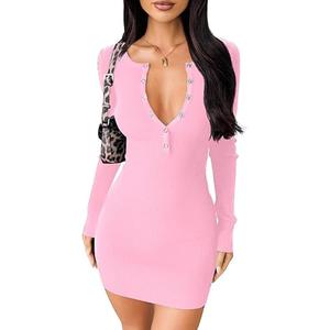 OQQ Long Sleeve Mini Dress Women Ribbed Tummy Control Club Party Dresses 2025 Fall Winter Staple, Small