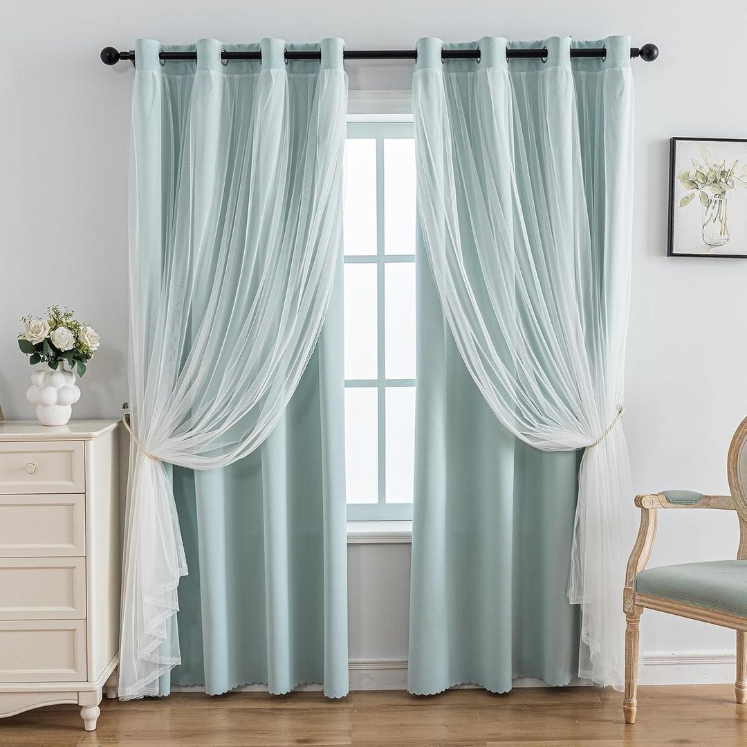 Anytime Home Curtains Blackout and Sheer Layered Solid Window Curtain Panel Pair with Grommet Top, 52Wx84L, Light Blue