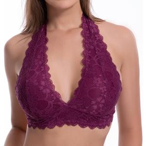 JOJOANS Halter Lace Bralette Unpadded Wireless Sheer Bra Bustier Full Coverage Lingerie (M)