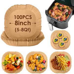 Air Fryer Paper Liners, 100Pcs Non-Stick & Oil Proof Parchment Paper Square, Disposable for 5-8 QT Air Fryer, Unbleached Food Grade Safe, Easy Cleanup for Baking Roasting Microwave (8 inch-Square)​