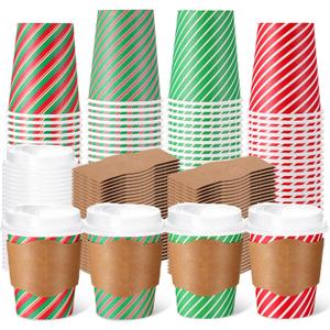 Mimorou 100 Pcs 8oz Fall Plaid Disposable Coffee Cups with Lids and Sleeves Autumn Thanksgiving Coffee Paper Cups for Cold Hot Drinks Fall Thanksgiving Party Supplies (Striped Style)