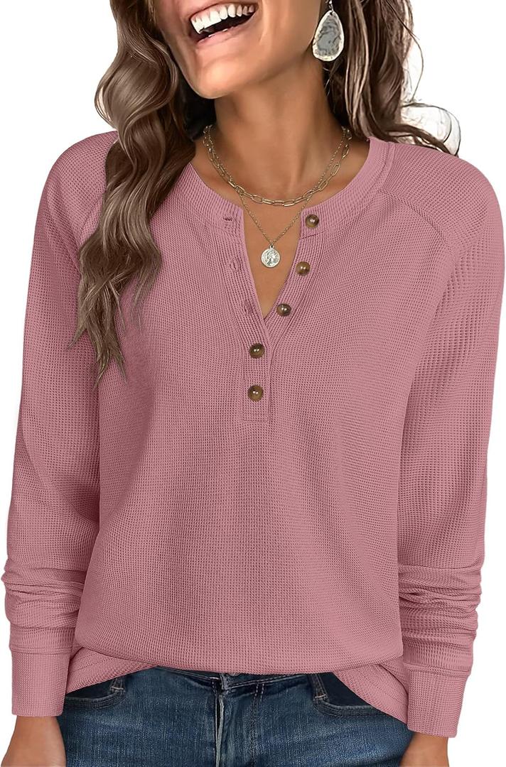 ANRABESS Women's Long Sleeve Waffle Knit Shirts Dressy Casual Loose Button Up V Neck Henley Tops 2026 Fall Basic Tee Blouse (Large, Pink)