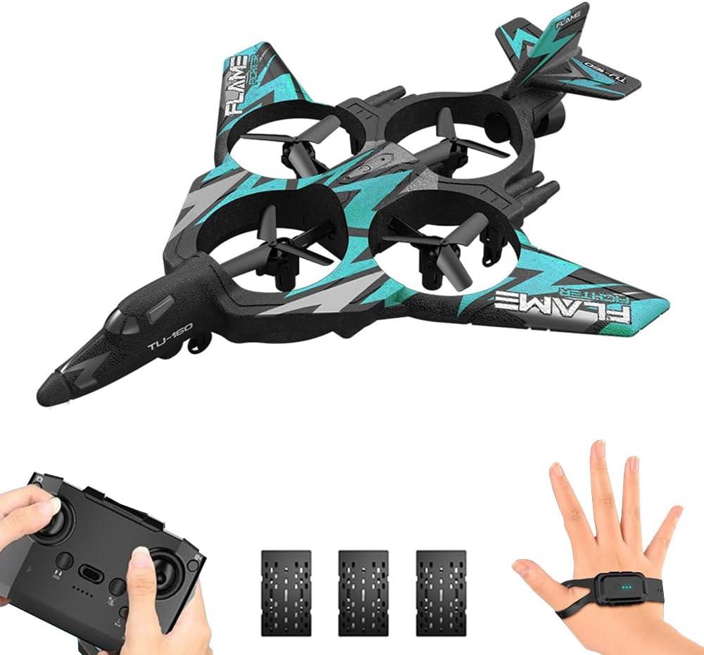 GoolRC RC Plane, Remote Control Airplane, Foam RC Aircraft, 2.4GHz RC Jet Fighter with 3D Flip, Gravity Sensing, Spray, LED Light, 3 Battery, Easy to Fly RC Glider for Kids & Adults (Blue)