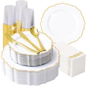 Fijinhom 350 PCS Gold Disposable Plates, Scalloped Dinnerware Set for 50 Guests, 100 Plastic Plates, 150 Silverware, 50 Cups & 50 Paper Napkins, Gold