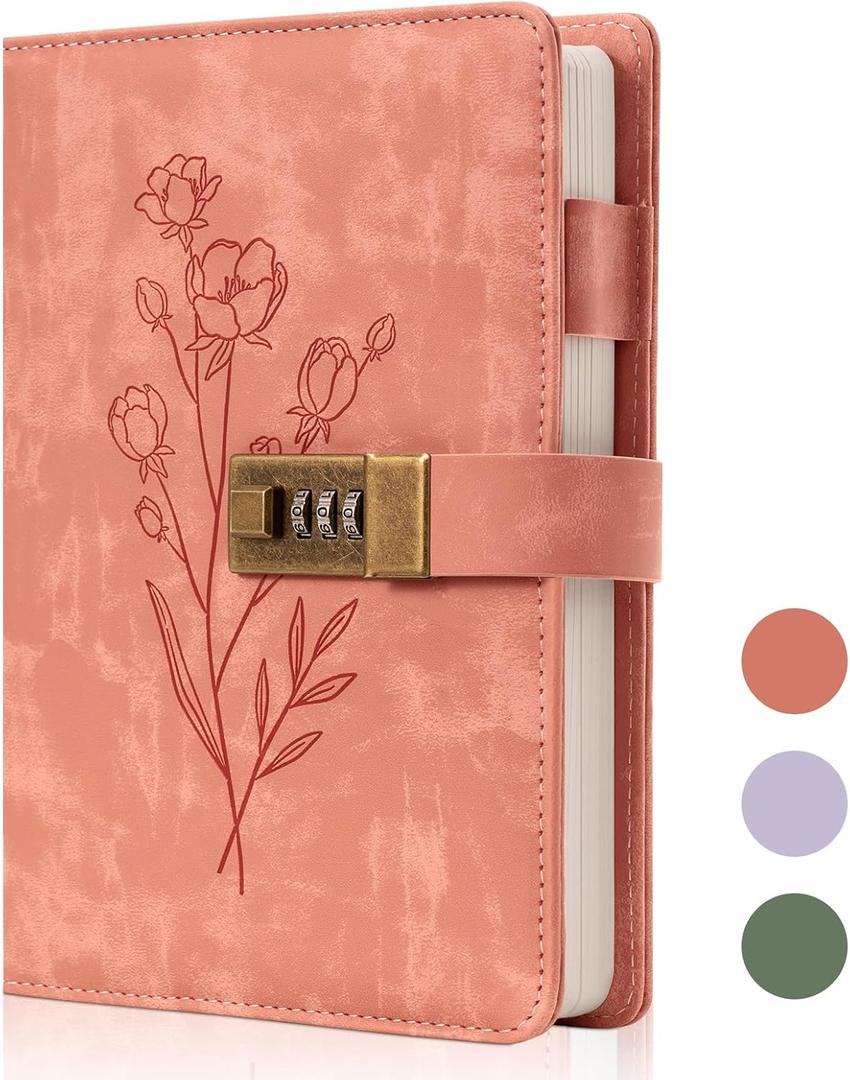 Lock Diary for Women Diary with Lock for Girls A5 Leather Locked Journal 260 Pages 100 GSM Refillable Journal with Lock for Teens Secrets Flower Journals with Combination Passwords, 5.7"x8.3", Pink, 2 Pack