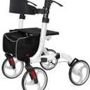 Rollator Walkers for Seniors-Folding Rollator Walker with Seat and Four 10inch Wheels-Medical Rolling Walker with Comfort Handles and Thick Backrest-Lightweight Aluminium Frame and Basket (White)