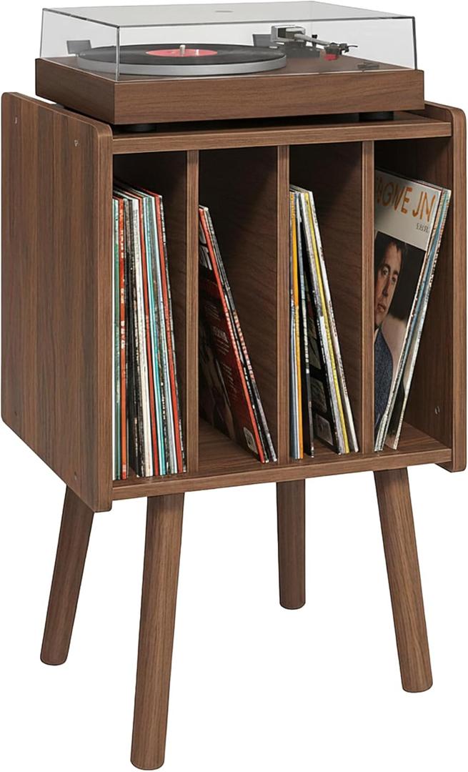 Montex Record Player Stand, Vinyl Record Storage Table with 4 Cabinet, Holds up to 40 Vinyls, Mid Century Modern Turntable Stand, Organizer Vinyl Table for Bedroom Living Room(Walnut) (Gray)
