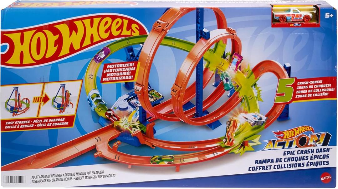 Hot Wheels Track Set, Epic Crash Dash with 5 Crash Zones, Motorized Booster and 1 Hot Wheels 1:64 Scale Toy Car, Easy Storage , Medium