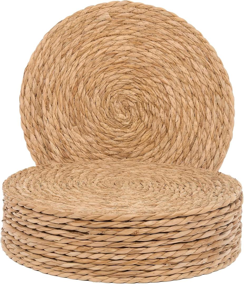 GENMOUS Woven Placemats Set of 12, 12" Round Placemats Natural Water Hyacinth Boho Placemats,Farmhouse Rattan Chargers for Dinner Plates, Rustic Braided Wicker Table Mats for Thanksgiving,Home,Wedding