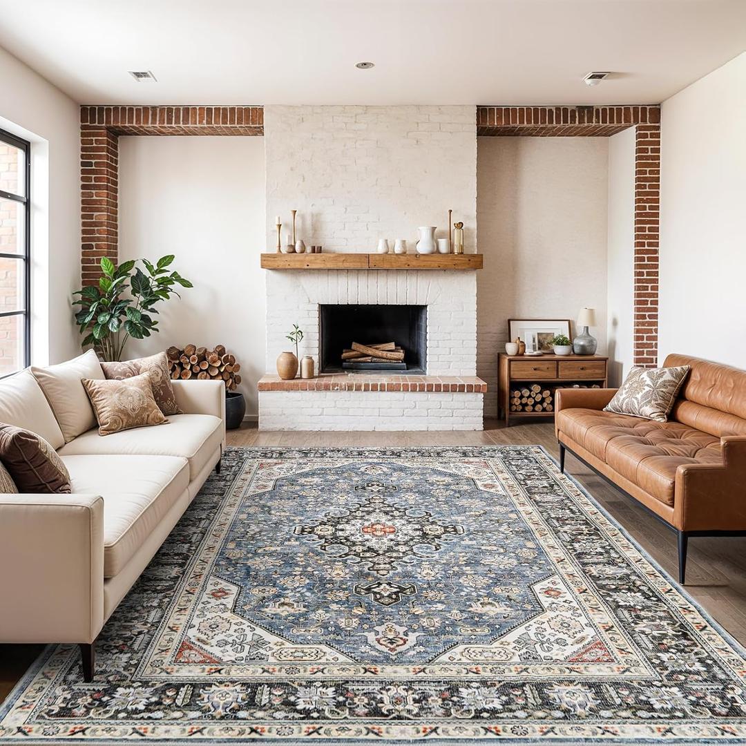 HILORUUG Washable Area Rug Vintage - 9x12 Bedroom Living Room Large Indoor Rugs Soft Oriental Rugs Non-Slip Backing Stain Resistant for Farmhouse Kitchen (9x12 Navy Blue)
