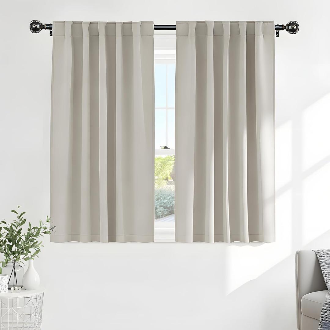 PONY DANCE Cream Blackout Curtains, Thermal Insulated Short Drapes for Small Basement Bathroom Window, Back Tab & Rod Pocket Solid Black Out Curtains for Bedroom, 42 W x 45 L, Ivory/Cream, 2 Panels