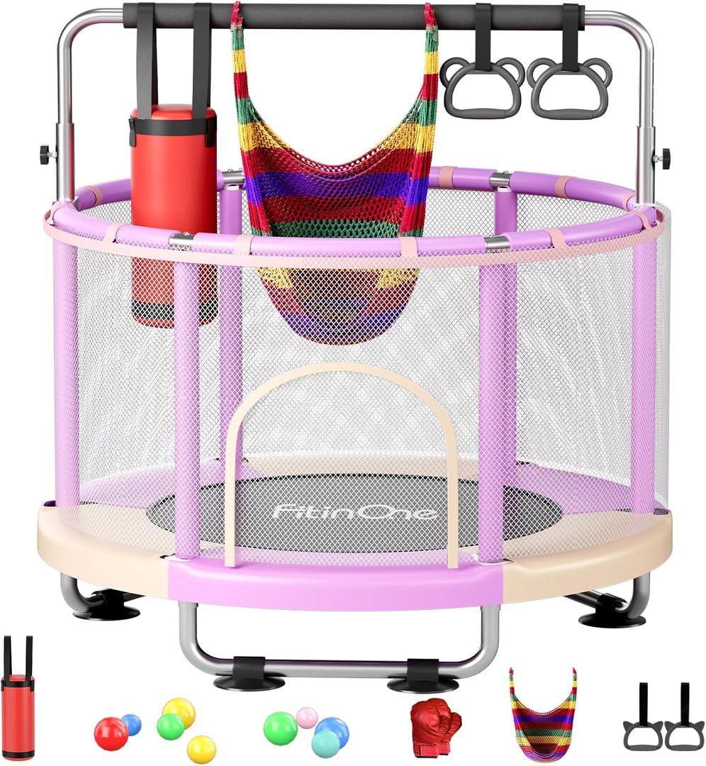 55" Toddler Mini Trampoline for Kids, Indoor Outdoor Toys with Swing, 440lbs Baby Kids Trampoline, Gymnastics Bar, Birthday Gifts for Boy Girl Age 1-8 (Pink-Purple)
