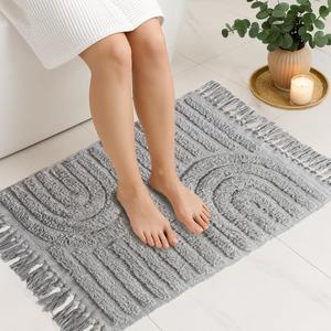 Lemontree Homewares Boho Bath Mat 2x3 ft, 100% Cotton Bathroom Rug with Tassels, Non-Slip & Machine Washable, Light Gray Shower, Nursery or Bedroom Mat