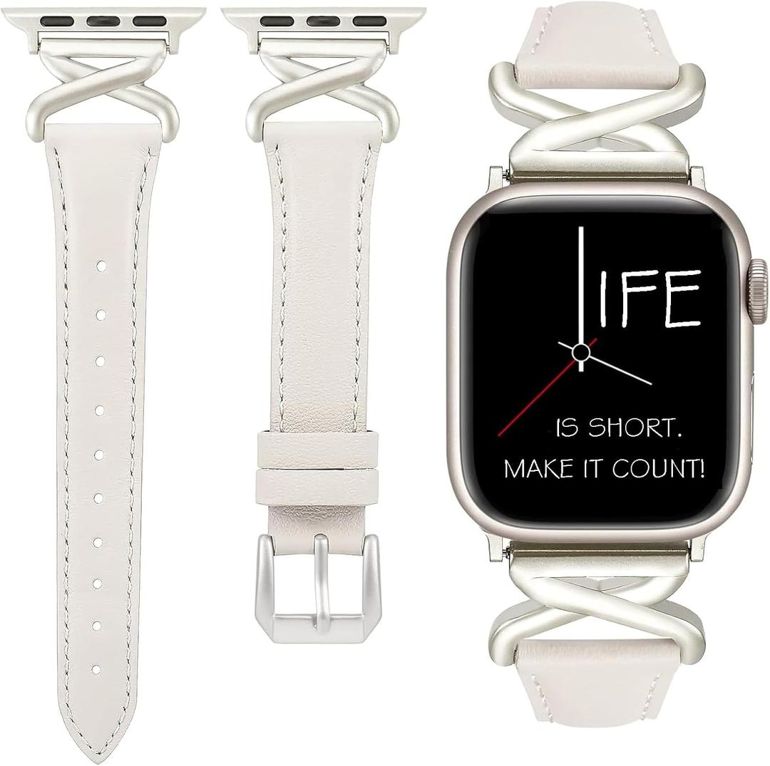 Leather Bands Women Compatible with Apple Watch 40mm 38mm 44mm 45mm 41mm 42mm 46mm 49mm Dressy Slim Strap With Designer X-Shaped Metal Crown for iWatch Series Ultra/SE/10/9/8/7/6/5/4/3/2/1 Starlight