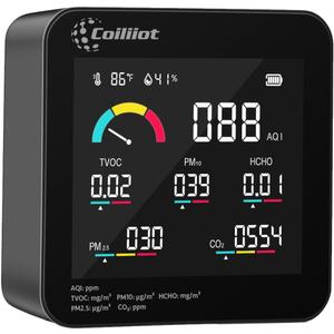 Coiliiot Air Quality Monitor Indoor – CO2 Detector, VOC Meter and AQI Tester Tracks TVOC, HCHO, PM2.5 & PM10 with Temperature & Humidity Sensor for Home Office (Black)