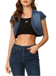 Allegra K Women's Denim Jacket Crop Casual Denim Cardigan Cap Sleeve Summer Outfits Jean Jacket Shrug S