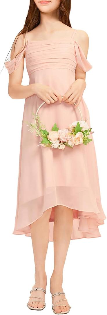 Imily Bela Girls Cold Shoulder Junior Bridesmaid Dresses Asymmetrical Chiffon Wedding Party Gown Dress (Pink)