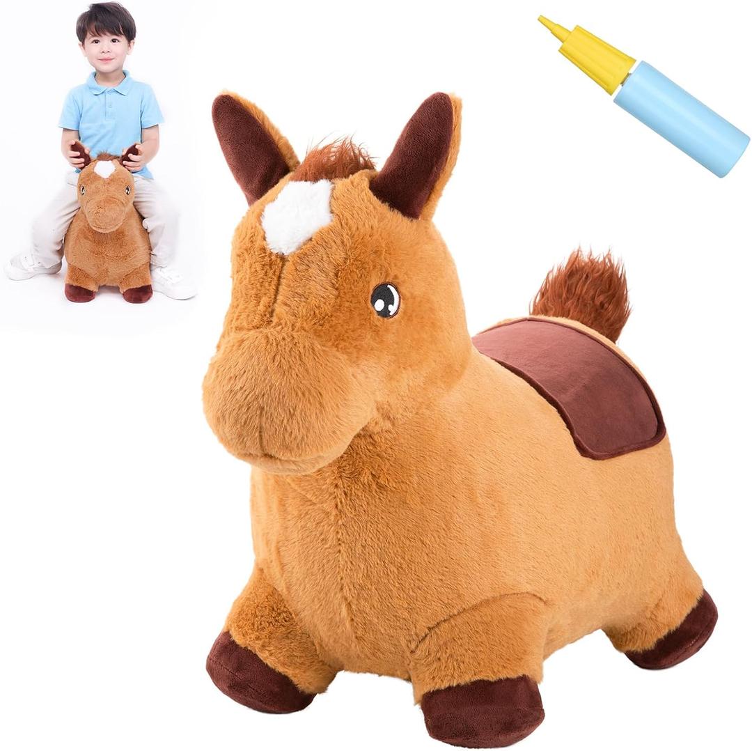 INPANY Bouncy Horse for Toddlers - Plush Brown Bouncing Horse Hopper, Ride on Animal Toys for Girls Boys, Outdoor Indoor Inflatable Horse Gifts - Plush Covered (Include Pump)