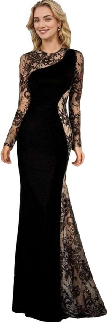 Mother of The Bride Dresses Floor Length Jewel Neck Long Sleeves Lace Mermaid Wedding Guest Formal Dresses (6, Black)