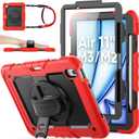 SEYMAC stock for iPad Air 11 inch Protective Case M3 2025/ M2 2024 (Air 7th/6th Generation), Heavy Duty Case with Screen Protector, Pencil Holder, Rotating Stand, Hand Strap, Shoulder Strap, Red