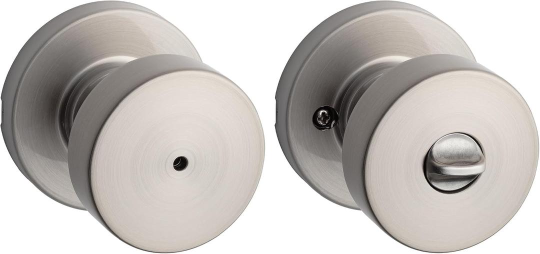 Kwikset Pismo Interior Privacy Door Knob with Lock, Door Handle For Bathroom and Bedroom, Satin Nickel Keyless Turn Lock Doorknob, with Microban Protection