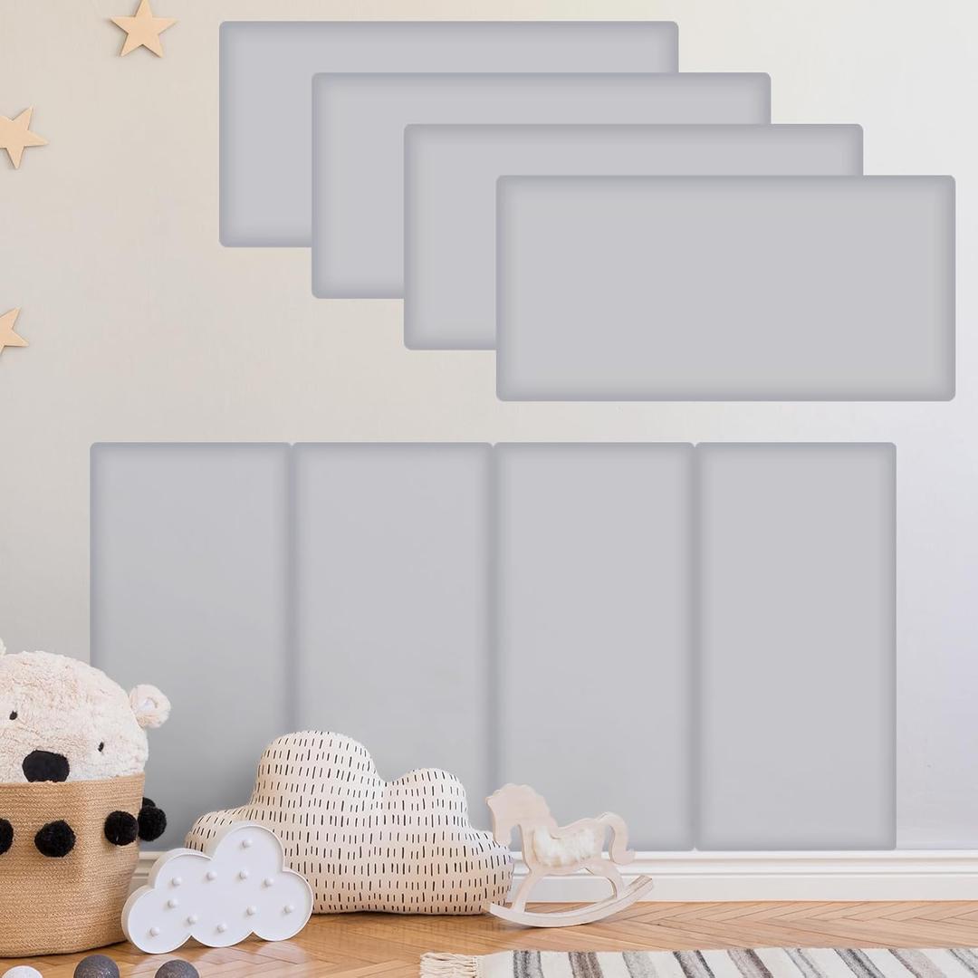 4 Pack Wall Padding for Playroom Peel and Stick Headboard 15.75" x 7.87" x 1.18" 3D Anti Collision Upholstered Wall Panels Self Adhesive Headboard Panel for Protection (Light Gray)