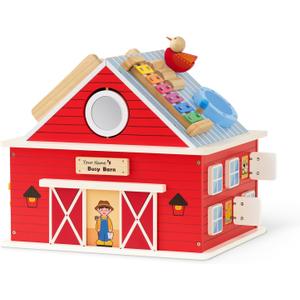 Monläurd® Wooden Activity Cube for Toddlers 1-3, Farm Barn Montessori Busy Board Toy, 12-in-1 Sensory Activity Center for Baby Fine Motor Skills, Large Educational Learning Toy for Boys Girls, 15”H × 17”L × 13”W