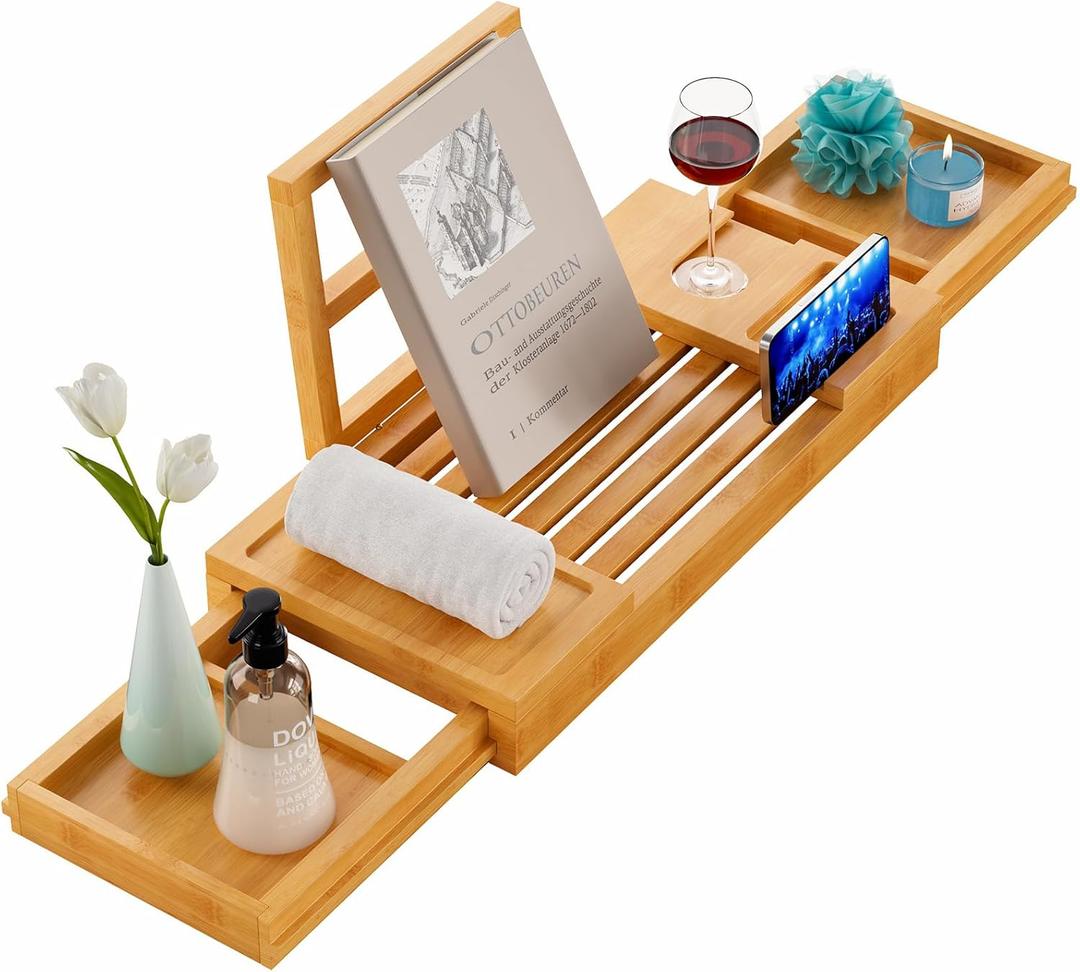 Yirilan Bamboo Bathtub Tray, Expandable Bathroom Tray, Waterproof Tray Caddy, Perfect Bath Caddy for Home Spa, Gift for Loved Ones-Bamboo