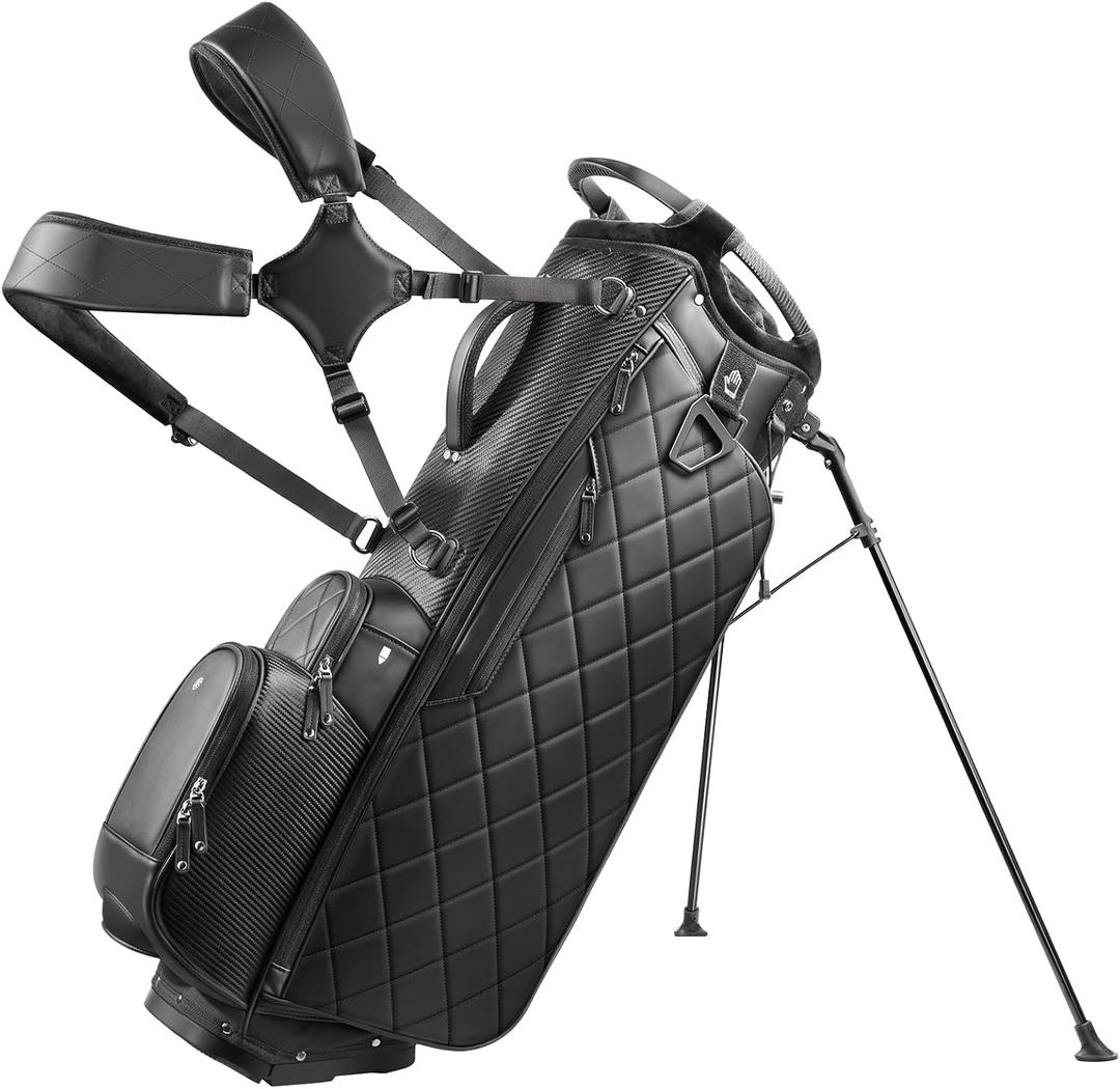 Findway 14 Way Golf Stand Bag, PU Leather Golf Bag Full-Length Dividers, Velvet-Lined for Men/Women, Lightweight Waterproof Carry Bag with Adjustable Dual Straps and Rain Hood