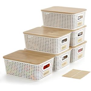 Small Plastic Storage Bins with Bamboo Lids 5.2qt Stackable Box Basket Pantry Decorative Containers Cute with Lable for Organizing Desktop Closet Office Cream White of 6 packs 10*7.2*4.1"