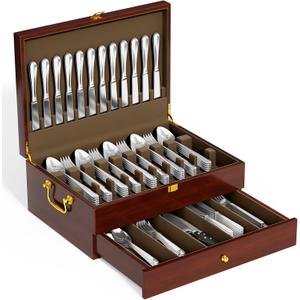 Solid Walnut Silverware Storage Box, 2-Layer Silverware Chest with Drawer, Flatware Case with Lid and Felt Lined, Wood Flatware Storage Box Holds 12-16 Sets of Utensils, Wedding Housewarming Gifts