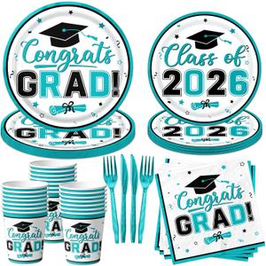 Teal Graduation Decorations Dinnerware Set, Class of 2026 Graduation Plates and Napkins, Graduation Plates and Cups and Napkins Set for Congrats Grad Party Decorations, Serve 25