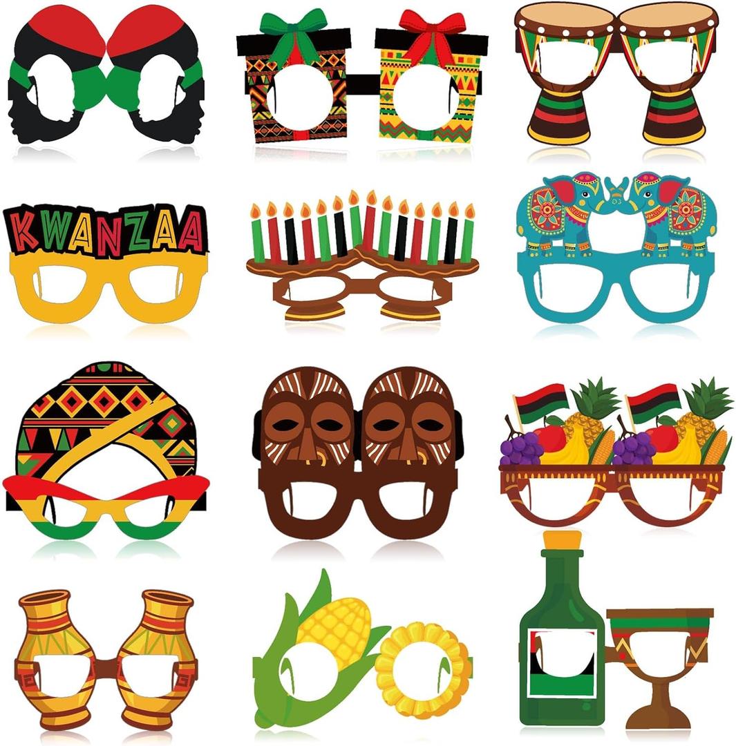 Pajean 36 Pcs Kwanzaa Party Favor Packs Decoration Kwanzaa Photo Props Paper Glasses Bulk African Theme Eyeglasses for Party Favors, Cultural Celebration Decorations, Red Black Green Event Accessories