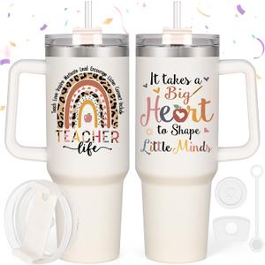 LiqCool 40 Oz Teacher Tumbler Cup for Christmas, Cute Daycare Gift Ideas for Preschool Appreciation Week, End of Year (Cream2) (2- It Takes a Big Heart to Shape Little Minds)