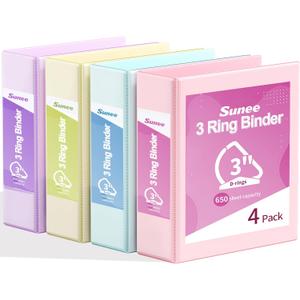 SUNEE 3 Ring Binder 3 Inch D Ring, Clear View Binder Three Ring PVC-Free (Fit 8.5x11 Inches) for School or Office Supplies, Assorted Pastel, 4 Pack