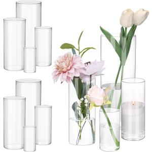 Fixwal 12pcs Clear Glass Cylinder Vases, 4, 6, 8, 10 Inch Tall Cylinder Vases for Centerpieces, Glass Flower Vase Floating Candle Holder Vase for Table Shelf, Party, Wedding, Home Decor