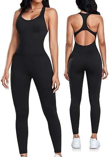 OLCHEE Womens Workout Jumpsuits Seamless Yoga Gym Bodycon Rompers Sexy Racerback Tummy Control Padded Bra Unitard L