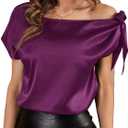 2 x Verdusa Women's Off Shoulder Satin Tops Short Sleeve Asymmetrical Neck Blouse Tops (Purple, S)