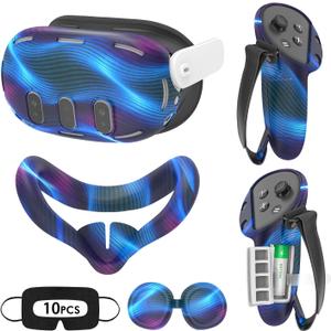 Tyasoleil VR Silicone Case for Meta Quest 3, Design Upgraded Accessories for Oculus Quest 3, Face Cover, Controller Grips, Shell Cover, Lens Cover, Disposable Eye Cover (Aurora Blue)