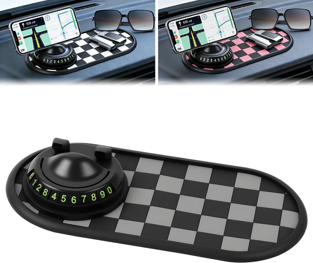 Mobile Phone Bracket Anti-Slip Mat,Multifunction Car Dashboard Mat with Temporary Parking Number,Universal Fit Anti-Slip Mat,360 Rotating Adjustable Phone Holder (Black & Gray)