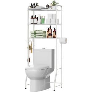 Simple Trending Over The Toilet Storage Rack, Metal 3 Tier Bathroom Organizer Shelf with Paper Holder and 3 Hooks, White