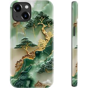 LUHOURI for iPhone 14 Plus Case,Wireless Charging Compatible,Dual-Layer - Soft Silicone Inner + Hard Outer Shell,Cute Wildflower Design,Protective Phone Cover for Women - Gold Inlaid Jade Carving